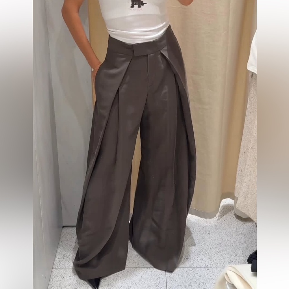 ZARA PLEATED WIDE LEG PANTS ZW COLLECTION BROWN TAUPE SMALL - Picture 2 of 10